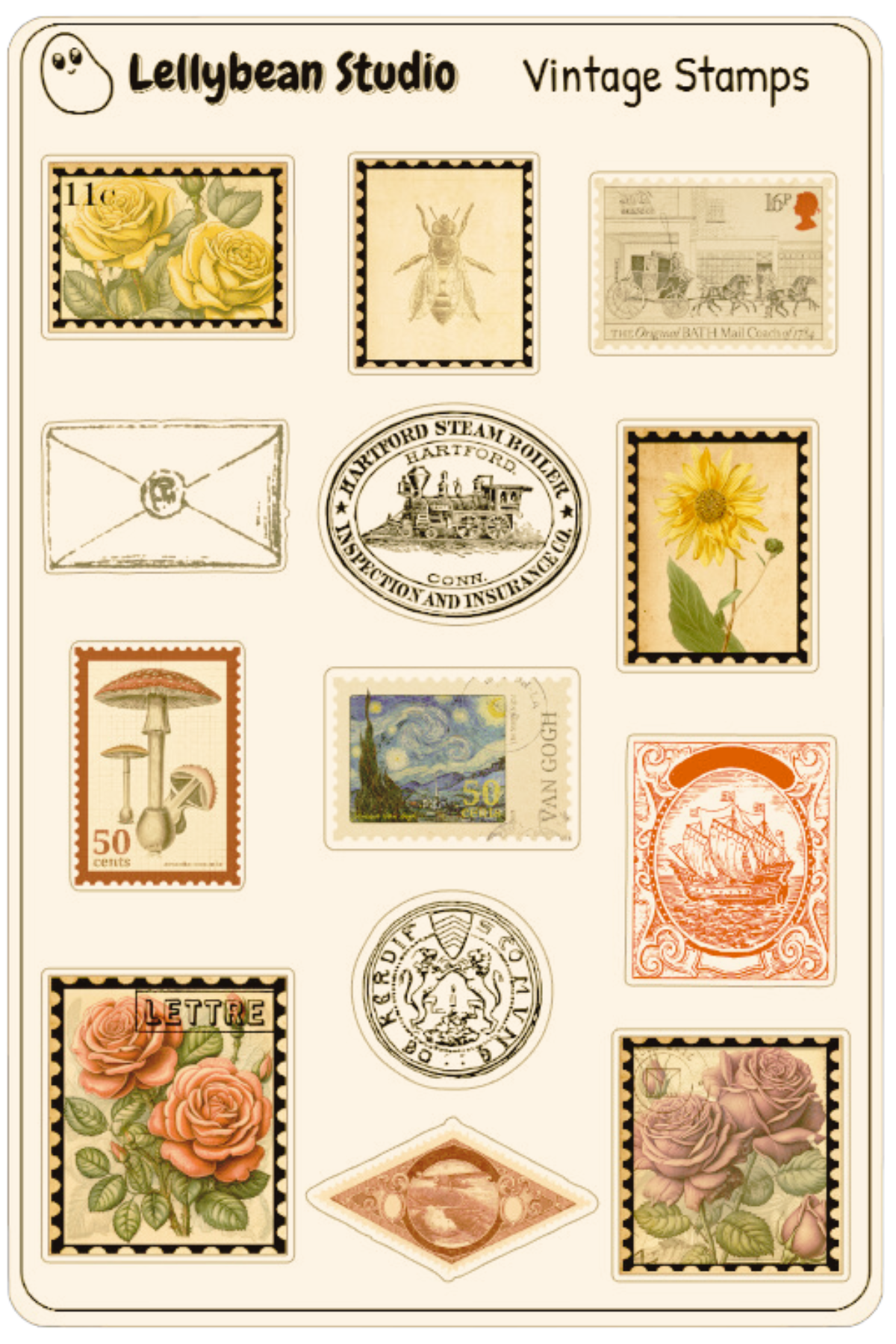 Vintage Stamps - Kraft Sticker Sheet